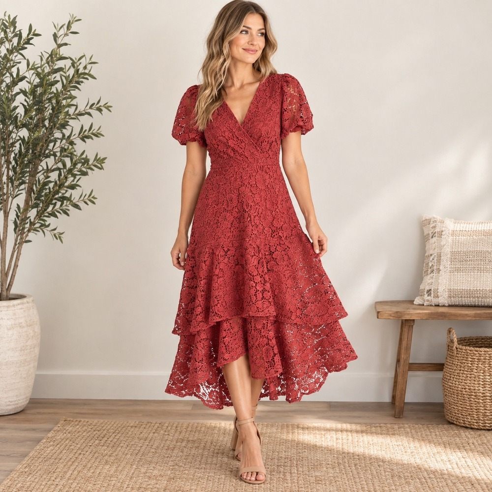 Just Me Rust Red Floral Lace Tiered High-Low Midi Dress V-Neck Puff Sleeve S